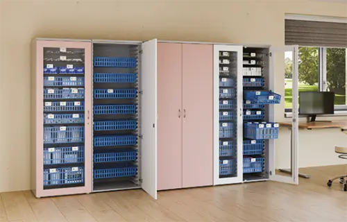 MEDICAL D - 90 skříň léková boxová, 1950 x 900 x 735, dvířka, korpus šedá, dvířka blankyt